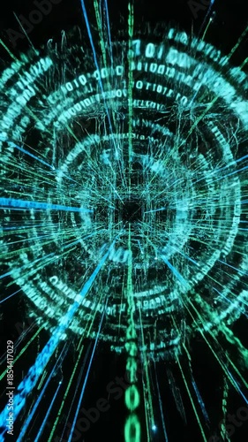 Abstract Digital Tunnel with Blue and Green Binary Code Streams and Light Effects