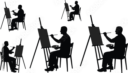 Silhouette sequence of artist painting on canvas, creative art workshop activity, people with brushes and palettes, artistic expression illustration concept
