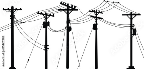 Silhouette of multiple electric utility poles with power lines and transformers, electricity transmission infrastructure for urban industrial design background