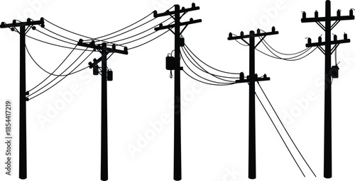 Silhouette of multiple electricity poles with power lines and transformers, high voltage energy transmission infrastructure for industrial urban background