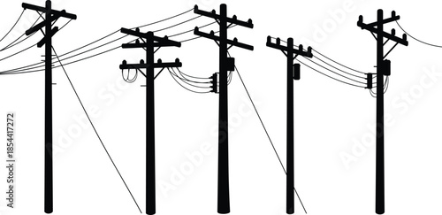 Silhouette of multiple utility poles with electric power lines and transformers, electricity distribution network for urban industrial infrastructure design
