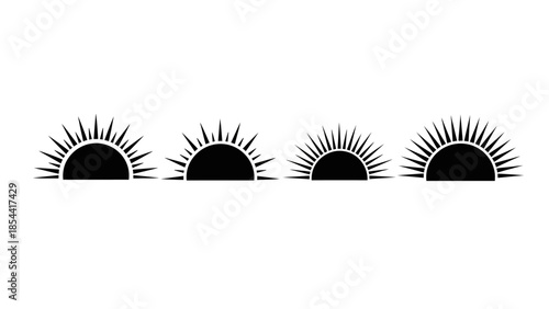 Set of four stylized black sun icons on white background representing sunrise or sunset designs