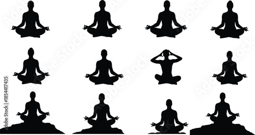 Silhouette of people meditating in lotus yoga pose, peaceful mindfulness practice symbolizing balance, inner calm, relaxation, and spiritual harmony.