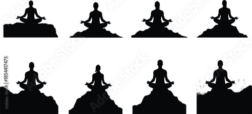 Silhouette of people meditating on mountain top, peaceful yoga posture symbolizing mindfulness, inner peace, relaxation, and spiritual balance in nature.