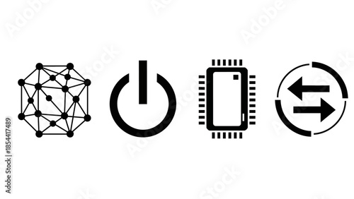 Set of icons representing network connection power button microchip and data transfer