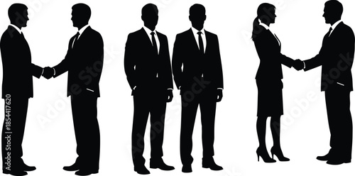 Silhouettes of business people shaking hands and standing, corporate men and woman in suits isolated on white background.