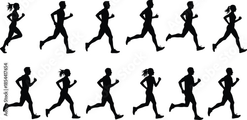 Silhouette of people running, jogging exercise group, outdoor workout, fitness training, healthy lifestyle, motion, sport activity, wellness, teamwork, active life