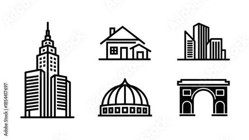 Set of minimalist building icons including skyscraper house dome and archway