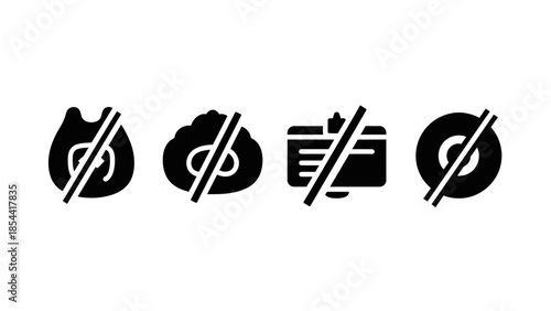 Set of prohibition icons for financial and digital concepts representing restrictions or bans