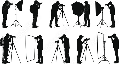 Silhouette of photographers using cameras, tripods, and lighting equipment, professional photography studio setup, creative shooting, portrait session, and commercial photo concept.