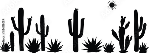 Silhouettes of desert plants and cacti with sun, agave illustration, black outline design, abstract nature art, arid landscape decorative scene