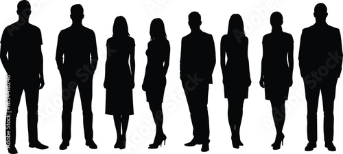 Silhouettes of diverse people standing together, men and women in formal and casual attire, black outline design, abstract human figures illustrationSilhouettes 