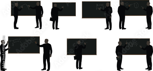 Silhouette of teacher writing on chalkboard, education concept, classroom learning, mathematics, science teaching, knowledge sharing, academic, training, instruction, study, education