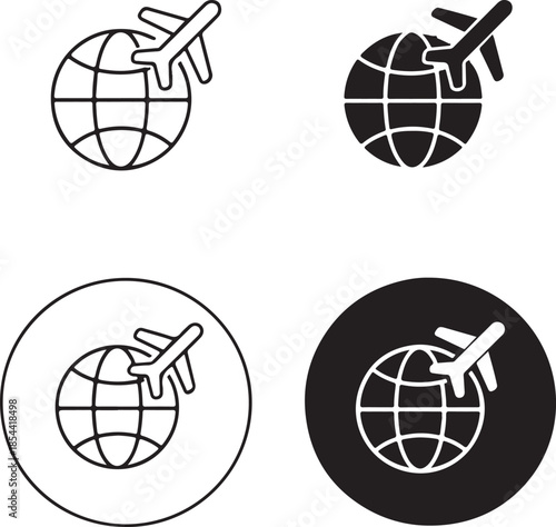 Airplane flying around the globe icon set isolated on white background