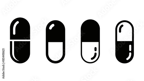 Simple black and white capsule icons representing medical treatments and pharmaceuticals for design
