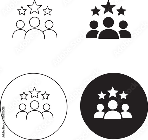 Group of people with stars above them in different styles isolated on white background