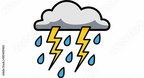 Stormy weather icon with lightning bolts and raindrops falling from a cloud