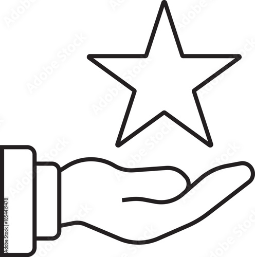 A simple line art icon of an open hand holding a five-pointed star, symbolizing quality or reward.