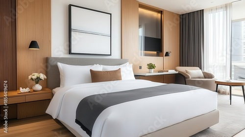 Highclass suite with open living space, modern art, and premium wood finishes, openplan suite, elegant, upscale