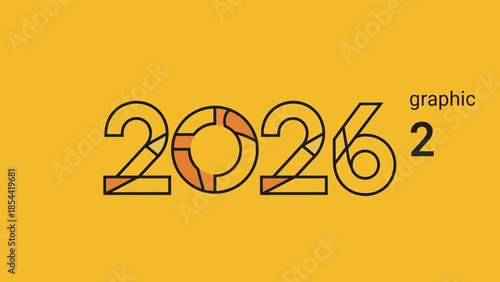 Stylish graphic art featuring the numbers 2026 in orange and black on a yellow background