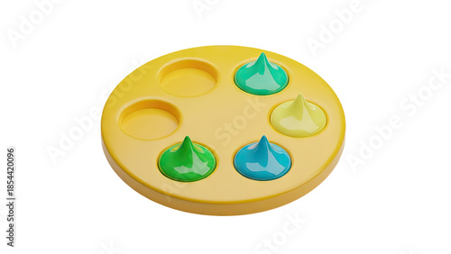 3D Paint palette with colorful paint drops on transparent background