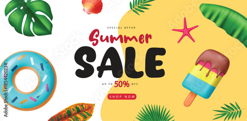 Summer Sale Banner with 50% Off, 3D Donut Float, Popsicle, Tropical Monstera and Palm Leaves
