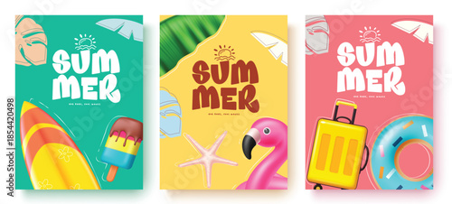 Vertical Summer Travel Posters with 3D Surfboard, Flamingo, Suitcase, and Tropical Beach Elements