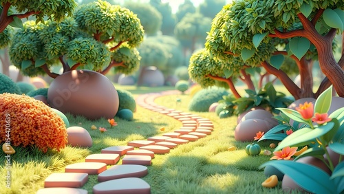 Vibrant Cartoon Park Landscape with Lush Green Trees, Stepping Stones, and Bright Flowers