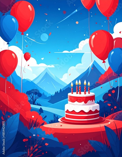 Wallpaper Mural Festive Birthday Celebration - A Vibrant Cake Amidst Balloons and Mountain Scenery. Torontodigital.ca