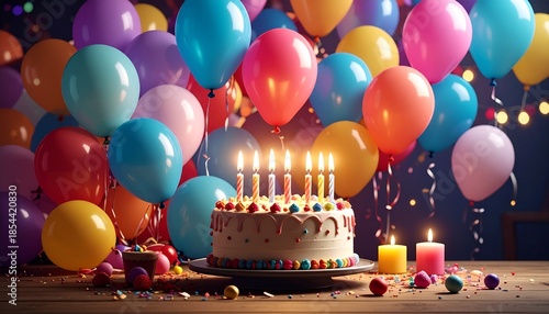 Wallpaper Mural Festive Birthday Celebration - Cake, Balloons, and Candles in a Joyful Scene. Torontodigital.ca