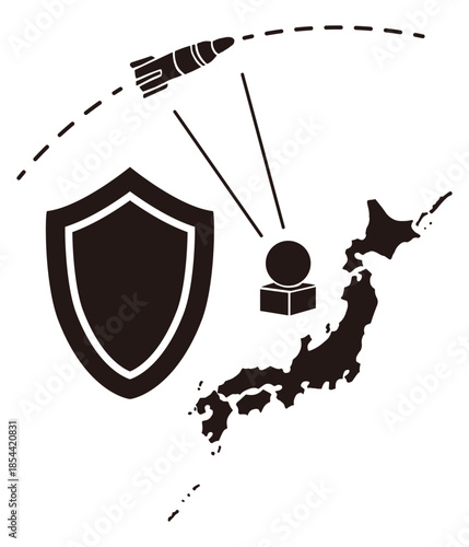 Japan Map with Missile Defense Radar and Shield Silhouette Vector – National Security Concept