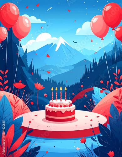 Wallpaper Mural Festive Birthday Celebration with Cake, Balloons, and Mountainous Landscape. Torontodigital.ca