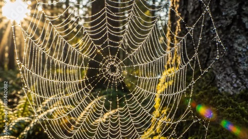 A breathtaking closeup shot of a delicate spiderweb adorned with countless sparkling dew drops beautifully illuminated by the warm golden rays of the morning sun filtering through a lush forest creat.