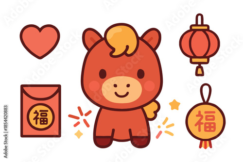 A cheerful cartoon horse stands amid festive Lunar New Year icons, including a lantern, red envelopes, and 福 symbols. Vibrant orange-red palette conveys luck, happiness, and family celebration.
