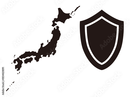 Japan Map and Shield Silhouette Vector Illustration for Security and Defense