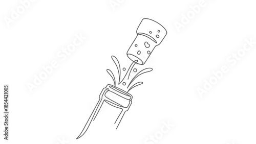 Champagne cork popping out of bottle with splash, celebration concept line art