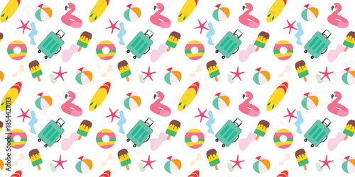 Summer Travel Seamless Pattern with 3D Flamingo, Suitcase, Surfboard, Beach Ball, and Popsicle