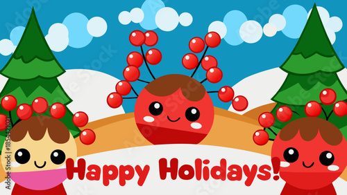 Cute cartoon holiday characters with holly berries and Christmas trees wish "Happy Holidays!" in a festive winter scene.
