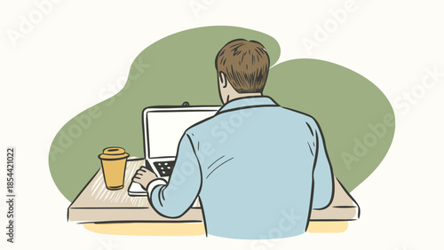 Illustrated View of a Man from Behind Working on Laptop at Desk with Coffee Cup, Highlighting Productivity, Concentration, and Remote Work.