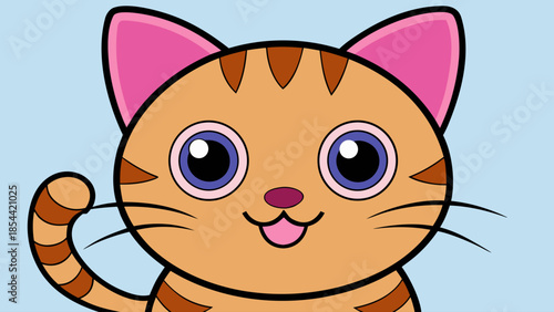 Cute Cartoon Tabby Cat Illustration with Big Blue Eyes, Pink Ears, and a Happy Expression on a Light Blue Background.