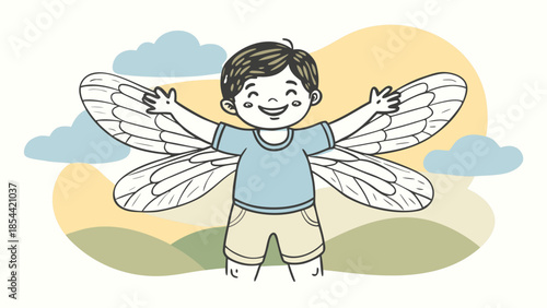 Joyful young boy with large butterfly wings spreading arms wide in a whimsical outdoor landscape with clouds