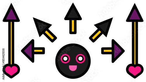 Cartoonish Black Face Icon with Purple and Yellow Arrows Pointing Towards and Away From It, Symbolizing Direction and Emotion