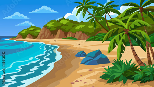 Vibrant cartoon tropical beach paradise illustration with palm trees, sandy shore, blue ocean waves, and lush green hills under a bright sky.