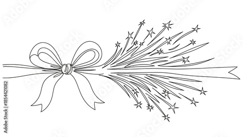 Decorative ribbon bow with sparkling stars line art illustration