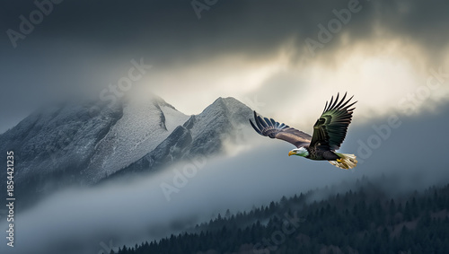Majestic eagle soaring through misty mountain landscape