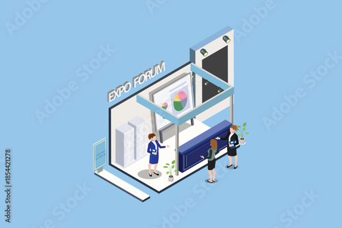 Illustration Woman promoting goods near expo stand isometric composition on white background 3d vector illustration