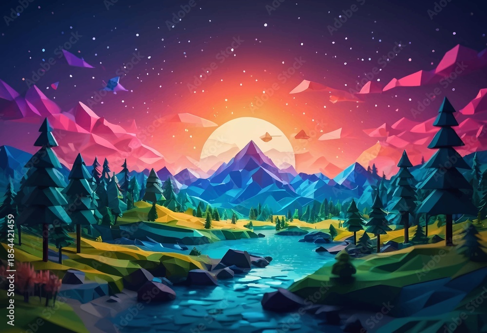 Fototapeta premium Vibrant Low Poly Mountain Landscape with River and Sunset Sky