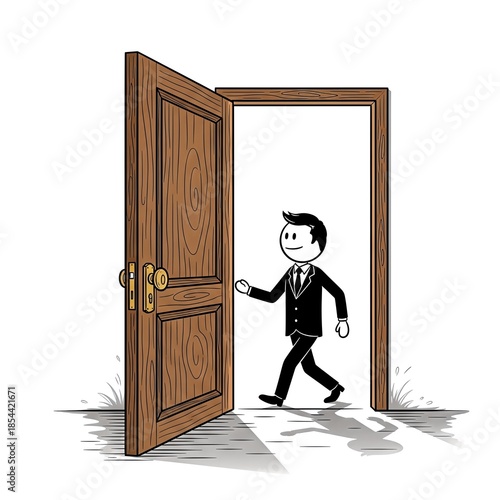 Cartoon Businessman Walking Through Open Doorway Towards New Opportunity.