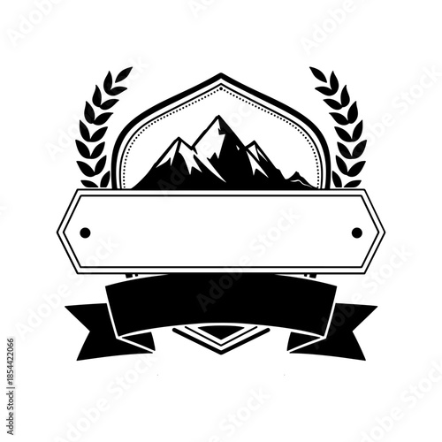 vintage mountain adventure outdoor emblem with blank ribbon and laurel wreath