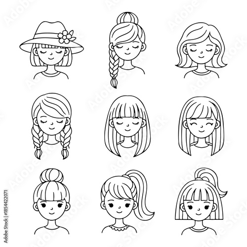 set of cute hand drawn girl faces with different hairstyles line art